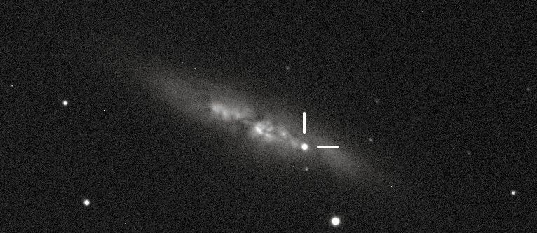 Sprengistjarnan í Messier 82 á mynd sem tekin var að kvöldi 21. janúar 2014. Mynd: UCL / University of London Observatory / Steve Fossey / Ben Cooke / Guy Pollack / Matthew Wilde / Thomas Wright