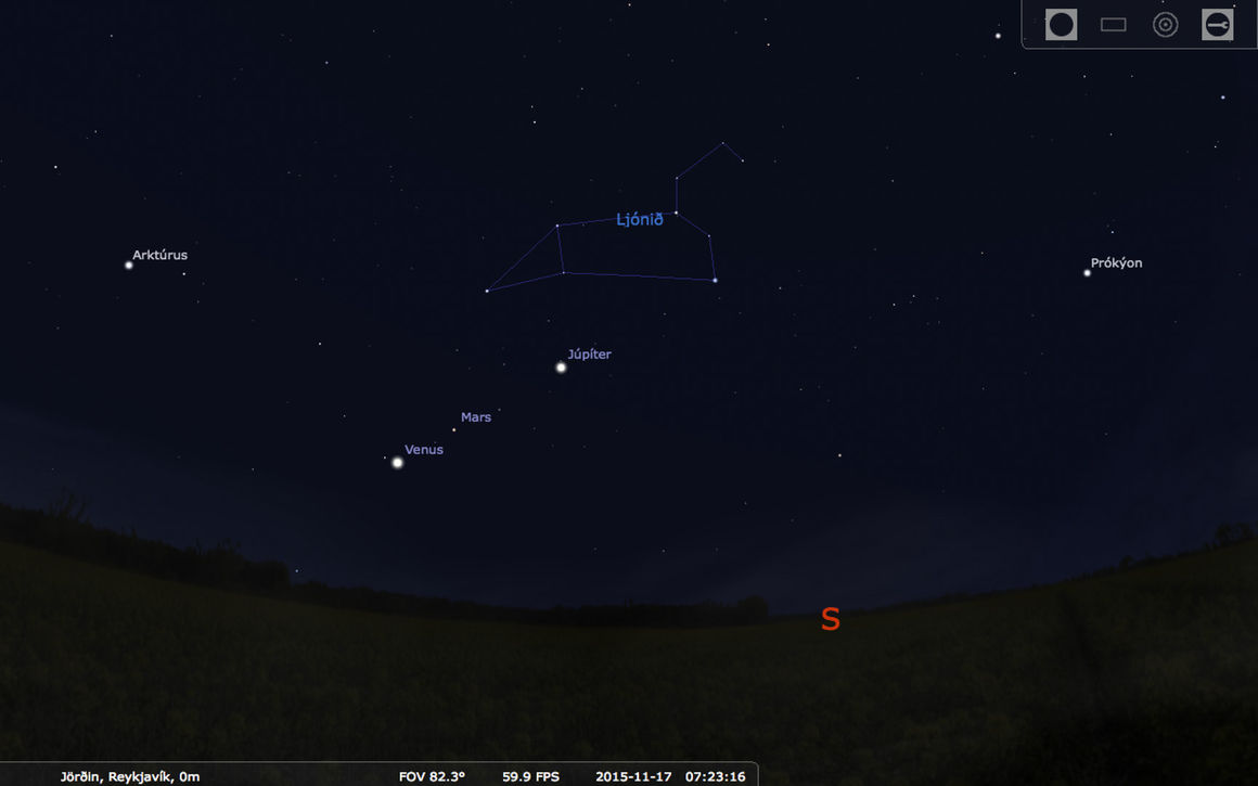 Stjörnumerkið Ljónið að morgni 17. nóvember 2015. Mynd: Stjörnufræðivefurinn/Stellarium