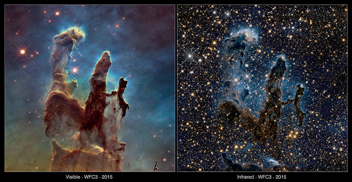Stólpar sköpunarinnar í Arnarþokunni (Messier 16). Mynd: NASA/ESA og Hubble