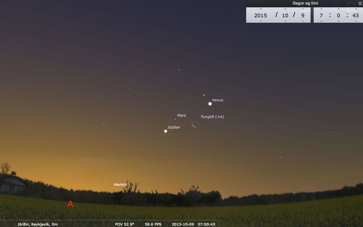 samstada-091015 Júpíter, Mars, Venus og tunglið saman á morgunhimni