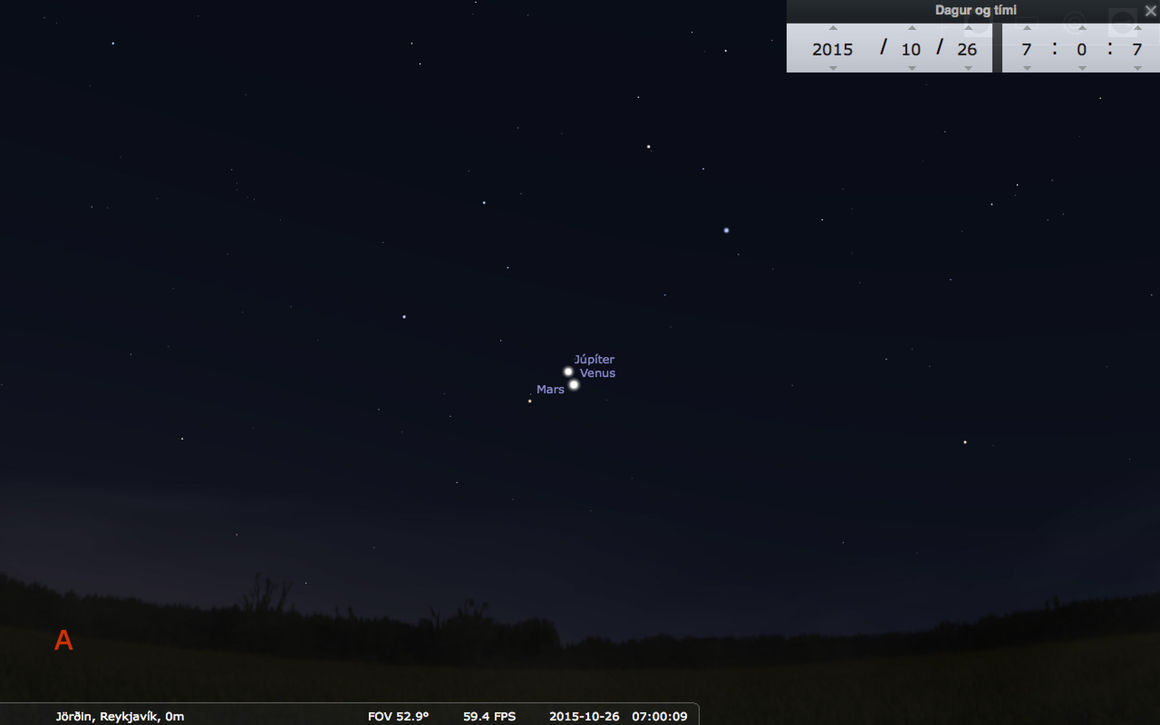 venus-jupiter-mars-samstada-261015 Samstaða Júpíters, Venusar og Mars 26. október 2015