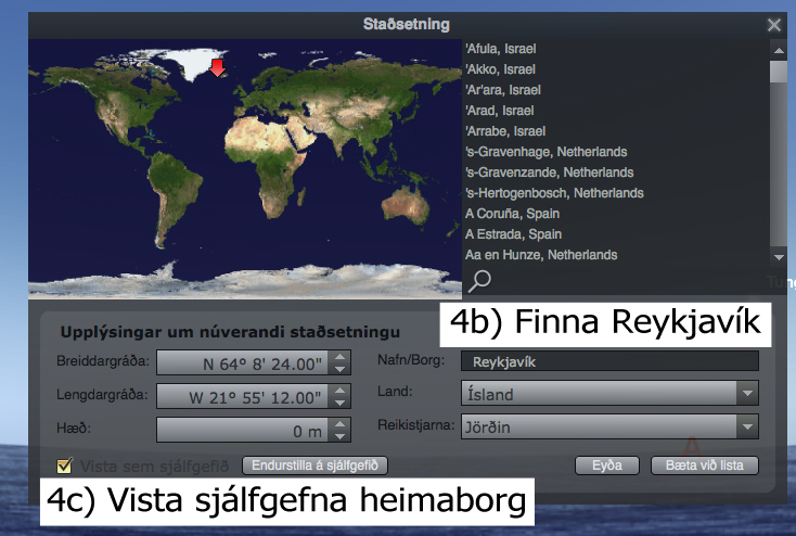 Hvernig á að velja Reykjavík sem heimaborg í Stellarium