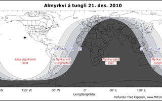 Heimskort sem sýnir hvar tunglmyrkvinn sést. Kort: Fred Espenak