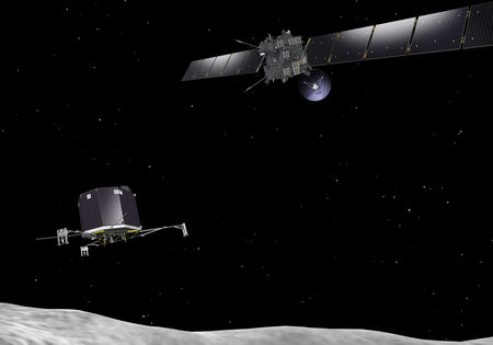 Rosetta og Philae geimförin við halastjörnuna Churyumov-Gerasimenko. Mynd: ESA–C. Carreau/ATG medialab