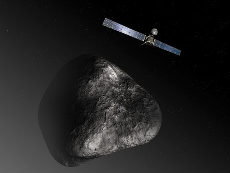 Teikning af Rosetta geimfarinu við halastjörnuna 67P/Churyumov-Gerasimenko. Myndin er ekki í réttum hlutföllum. Mynd: ESA/ATG medialab