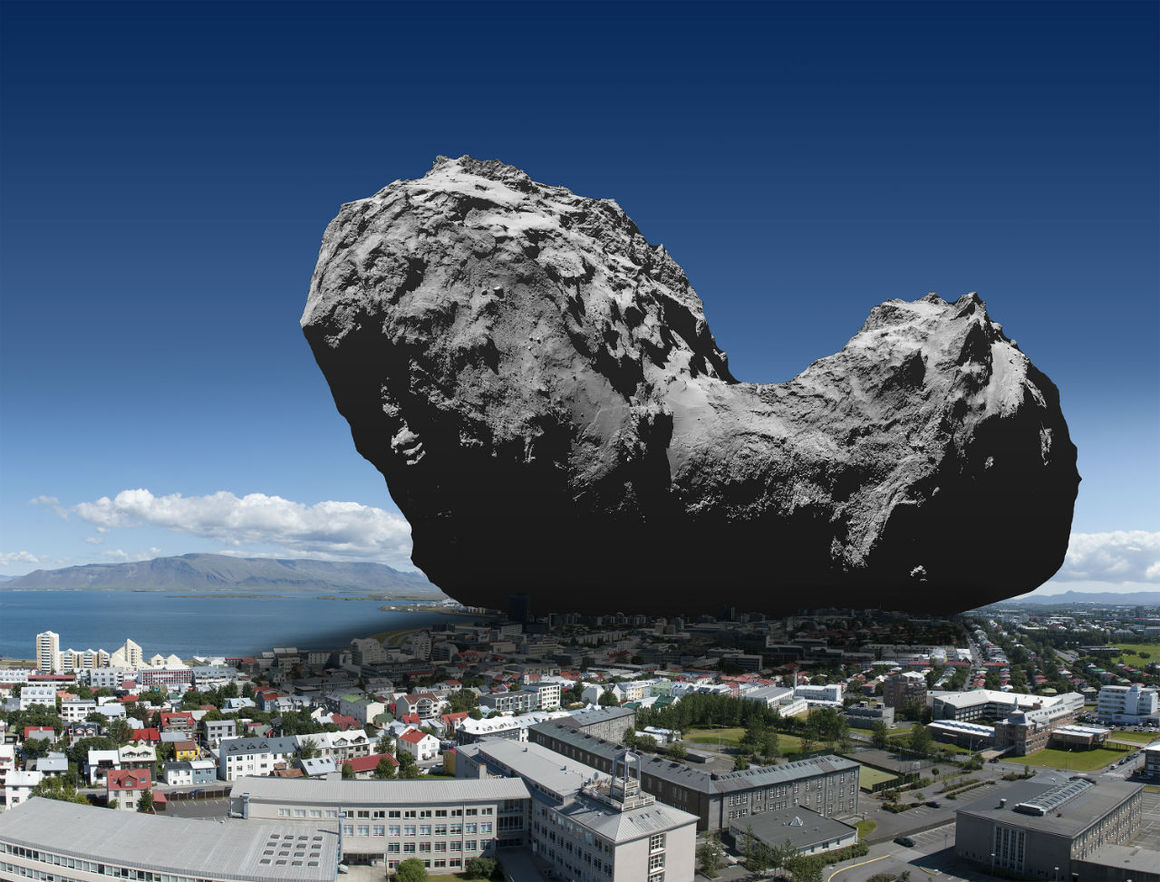 Hve stór er 67P/Churyumov-Gerasimenko í samanburði við Reykjavík? Mynd: Hermann Hafsteinsson/ESA