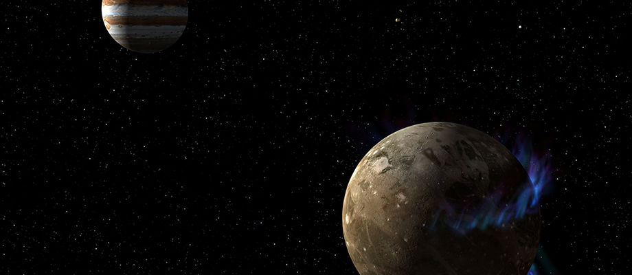 Segulljós á Ganýmedesi (teikning). Mynd: NASA, ESA og G. Bacon (STScI)