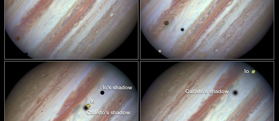 Íó, Evrópa og Kallistó ganga fyrir Júpíter 23. janúar 2015