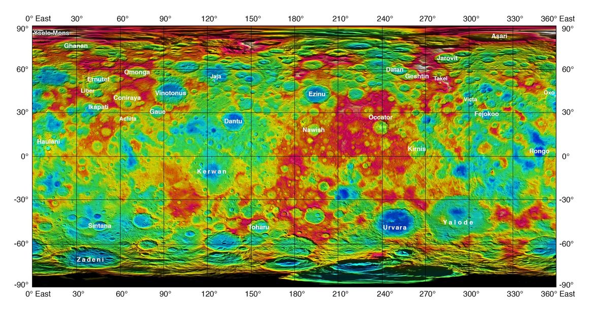 Landslagskort af Ceresi með örnefnum. Mynd: NASA/JPL-Caltech/UCLA/MPS/DLR/IDA