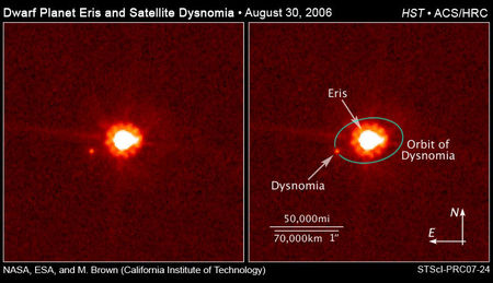 Dvergreikistjarnan Eris og fylgitunglið Dysnomia. Mynd: NASA/ESA/M. Brown